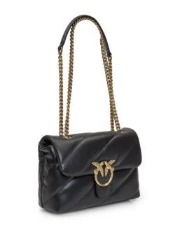 Black leather bag. Metal buckle closure Love Birds Diamond Cut. Partition closed with zip and wall pocket. Shoulder strap with metal chain and nappa shoulder strap. Back pocket.