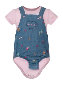Chambray Embroidered Overall Bodysuit Set