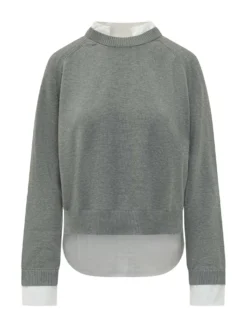 Crew Neck Knit Sweater with Shirt Insert