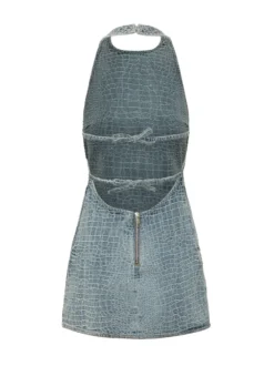 Denim Mini Dress with Croc-Effect Texture