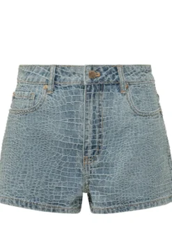 Denim Shorts with Croc-Effect Texture