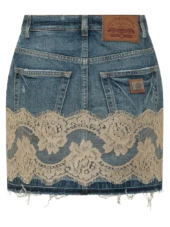 Denim Skirt with Five Pockets and Lace Insert