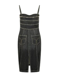 Denim Stone Dress with Straps and Embellishments