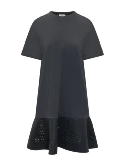 Dress with Short Sleeves and Eyelet Flounce Hem