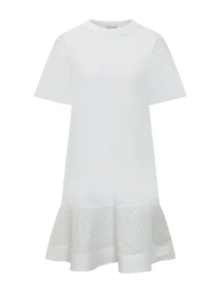 Dress with Short Sleeves and Eyelet Flounce Hem
