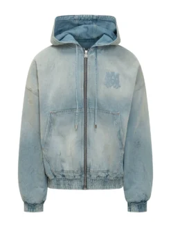 Felpa Denim Zip con Cappuccio e Tasche a Marsupio