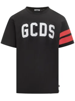 GCDS Black T-shirt with White Logo and Red Stripes