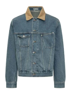 Giacca in Denim con Colletto in Velluto a Coste