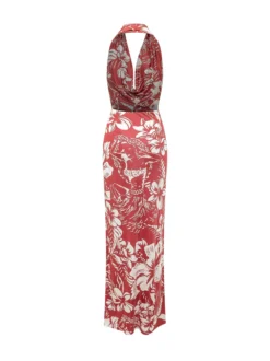 Halter Neck Long Dress with Floral Print Dancing Flowers