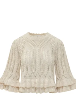 Knit Blouse with Ruffles and Openwork Pattern