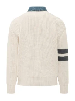Knit Cardigan with Denim Collar and Buttons