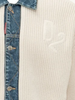 Knit Cardigan with Denim Collar and Buttons