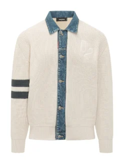 Knit Cardigan with Denim Collar and Buttons