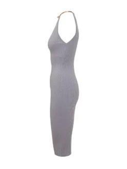 Knit Dress with V Neck and Neck Detail