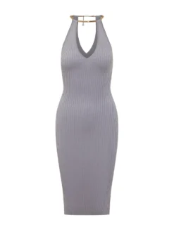 Knit Dress with V Neck and Neck Detail