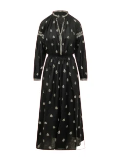 Long Embroidered Dress with Gathered Waist