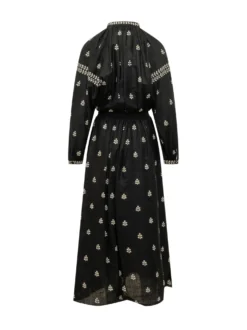 Long Embroidered Dress with Gathered Waist