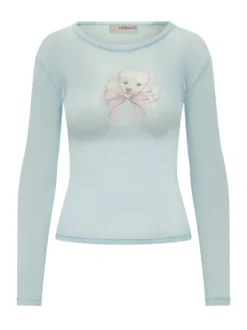 Long Sleeve Tulle Top with Print