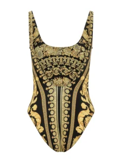 One Piece Swimsuit with Straps and Ornamental Print