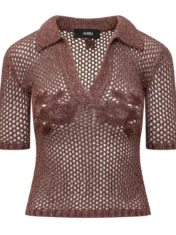 Open Knit Polo Shirt with Collar and V Neck