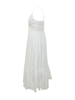 Poplin Midi Dress with V Neck and Drawstring