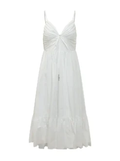 Poplin Midi Dress with V Neck and Drawstring
