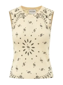 Ribbed Knit Top with Bandana Motif