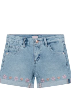 Rigid Denim Shorts with Floral Embroidery