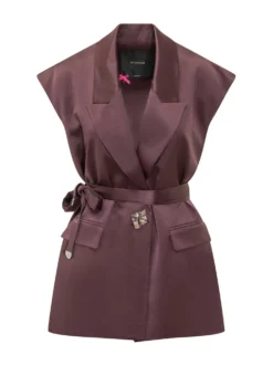 Sleeveless Blazer with Belt and Pockets