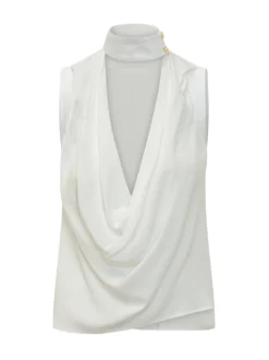 Sleeveless Blouse with Deep Neckline and Draped Detail