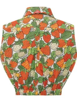 Sleeveless Cropped Strawberry Print Shirt