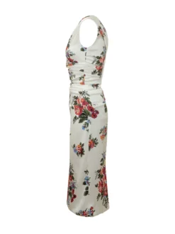 Sleeveless Dress with V-Neck Draped Bodice and Floral Pattern