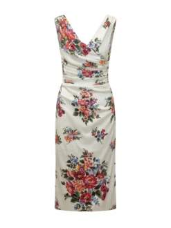 Sleeveless Dress with V-Neck Draped Bodice and Floral Pattern