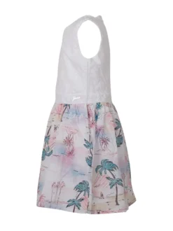 Sleeveless Mixed Fabric Dress with Tropical Print