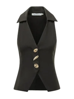 Sleeveless Top with Lapel Collar and Buttons