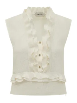Sleeveless Top with Ruffles and Front Buttons