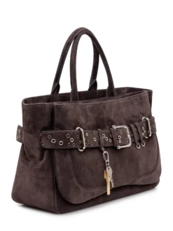 Suede Leather Tote Bag with Studded Belt